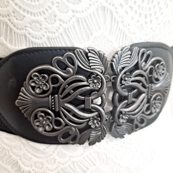 Black floral buckle corset boho elastic wide waist goth party dress belt - Picture 9 of 16